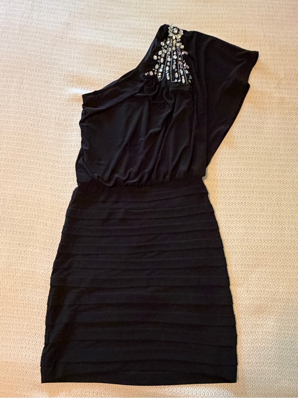 One-Shoulder Black Embellished Cocktail Dress